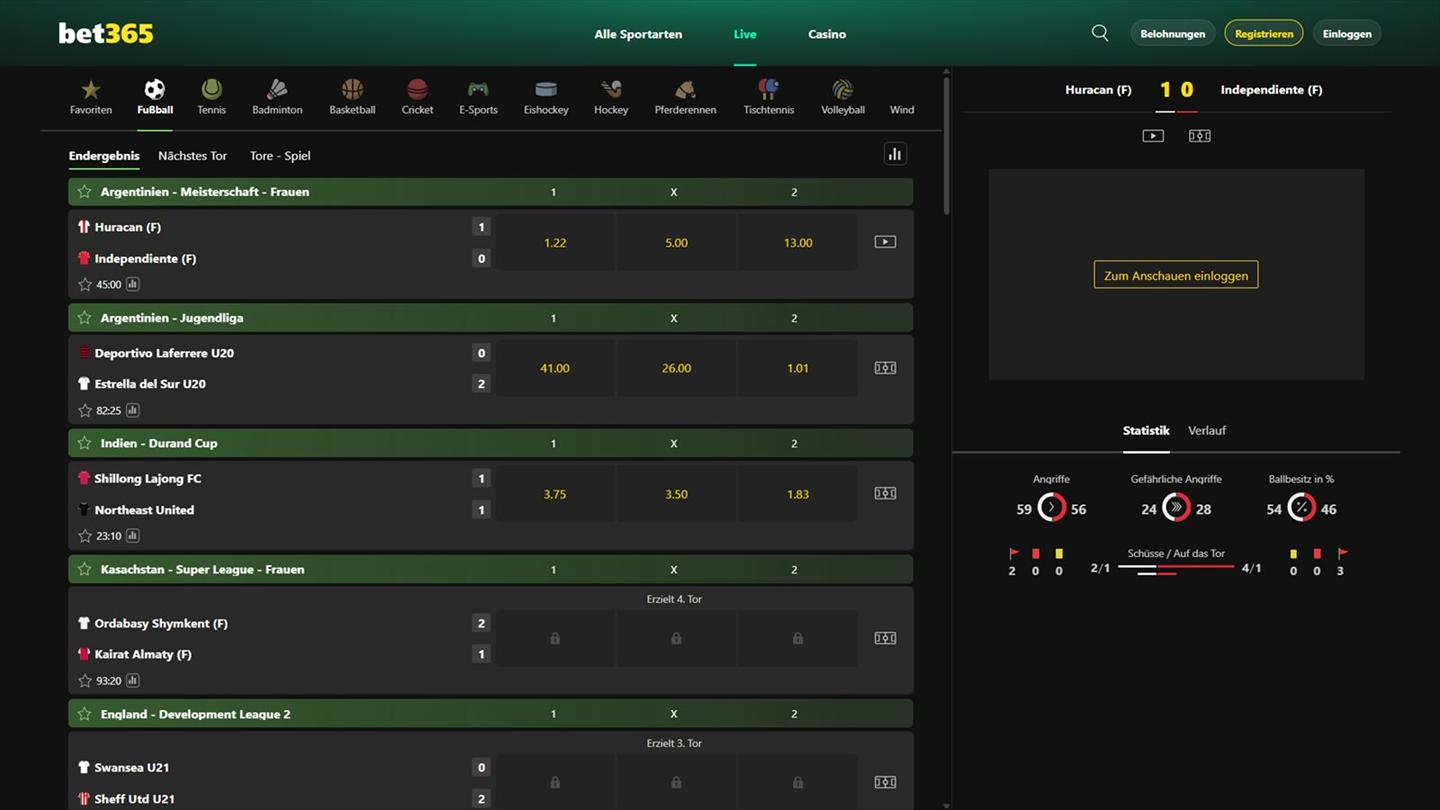 bet365 in-play markets interface