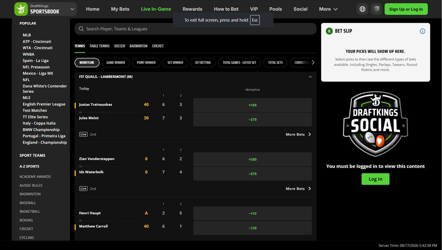 DraftKings live in-game interface